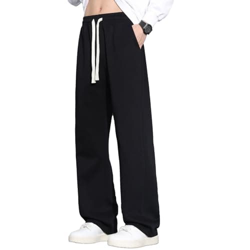 Image of SHAGGA Baggy Cotton Poly Tracksuit Bottoms Men Elastic Waist Drawstring Open Hem Trousers with Pockets for Gym Running Streetwear (UK, Alpha, L, Regular, Regular, Black)