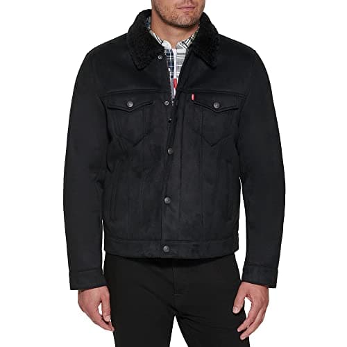 Image of Levi's Men's Leather Classic Trucker Jacket, Black Faux Shearling, M