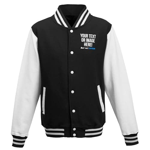 Image of Purple Print House Custom Varsity Jacket Personalised Letterman Retro Style Sportswear Fashion Top with Any Text Image Logo or Team Badge, M, Black/White