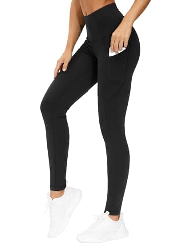 Image of THE GYM PEOPLE Thick High Waist Yoga Pants with Pockets, Tummy Control Workout Running Yoga Leggings for Women,Black,M