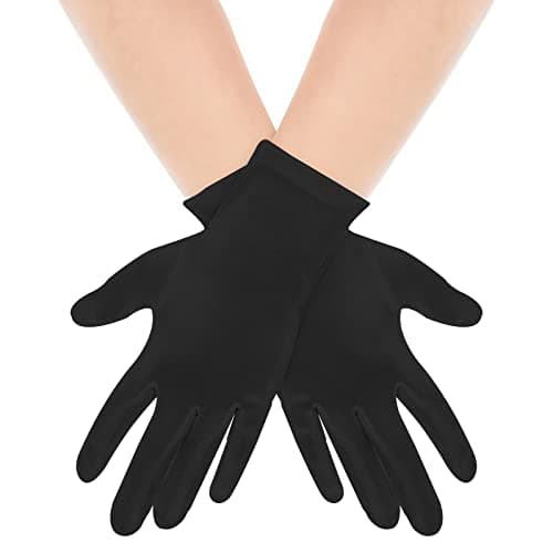 Image of Yolev Women Short Satin Finger Gloves Bridal Dance Gloves Party White Stretchy Gloves Adult Size Total Length 9 In for Wedding Banquet Dress and Party Dance (Black)