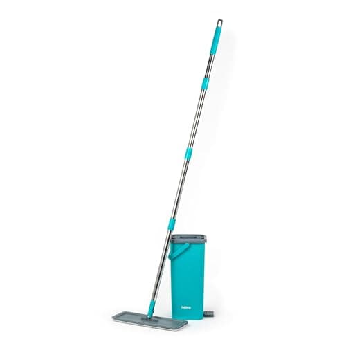 Image of Beldray AntiBac Flat Head Mop & Bucket - 5 Litres, Built-In Wringing Function, Integrated Footrest, 180° Swivel Head, 2 Extra Mop Pads Included, Compact Design, Slimline Head, Vinyl/Tile/Wood Flooring