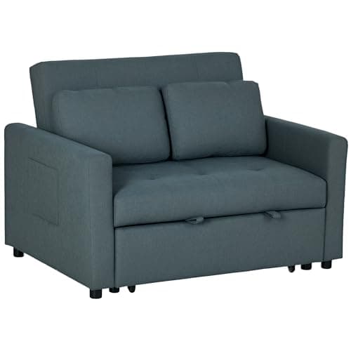 Image of HOMCOM 2 Seater Sofa Bed, 120 cm Convertible Bed Settee, Modern Fabric Loveseat Sofa Couch with 2 Pillows, Side Pockets for Living Room, Guest Room, Charcoal Grey