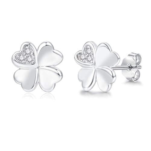 Image of Loutade Silver Stud Earrings for Women, 925 Sterling Silver Four Leaf Clover Stud Earrings with Cubic Zircon, 8mm Small Dainty Cute Cartilage Sleeper Heart-shape Clover Silver Earrings Jewelry Gifts