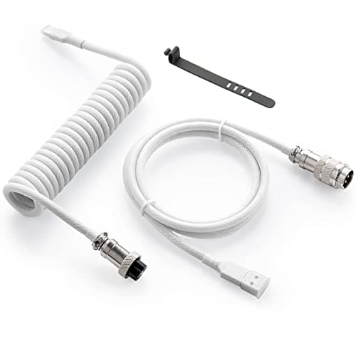 Image of GUNMJO Pro Custom Coiled USB C Cable for Gaming Keyboard, Double-Sleeved Mechanical Keyboard Cable with Detachable Metal Aviator, 1.5M USB-C to USB-A, White Color