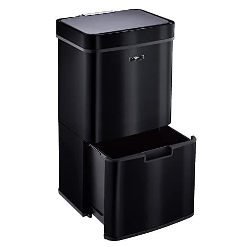 Image of Cooks Professional Recycling Sensor Bin 75L with Dual Compartments and Removable Food Caddy for Kitchen | Smart Automatic Brushed Stainless Steel Bins | Black