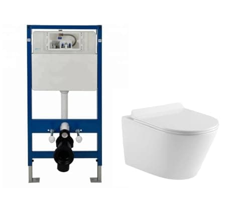 Image of Wall Hung Toilet Rimless Pan 1.12m Concealed Cistern Frame WC Plate Soft Close Seat Options (Round Pan and Frame Cistern)