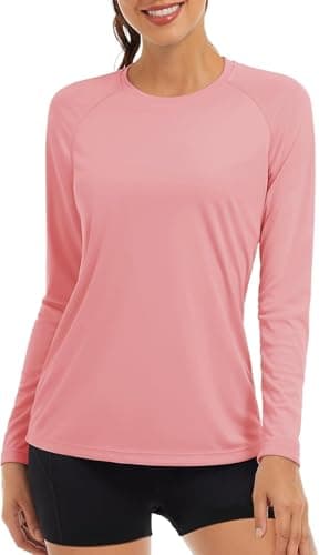 Image of TACVASEN Running Top Womens Long Sleeve Tops Casual UV T Shirt Sun Protect Walking Shirts Ladies Running Sport Outdoor T-Shirt Summer UPF Base Layer Pink
