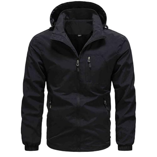 Image of Waterproof Jacket Mens Thin Lightweight Sports Jackets Quick Drying Running Jacket Casual Hooded Outdoor Windproof Sportwear Rain Jacket Autumn Winter Coat Workwear with Pockets UK Plus Size M-5XL