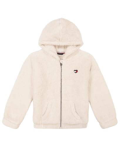 Image of Tommy Hilfiger Girl's Logo Sweatshirt, Fleece Hoodie with Full-Zip Front & Pockets Hooded, White Minky, 12-14