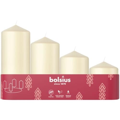 Image of Bolsius Smooth Pillar Candles - Set of 4 - Advent - Ivory - Various Sizes 12-10-8-6 cm- Decorative Household Candles - Long Burning Time - Unscented - with Natural Plant Wax - Without Palm Oil - Ø48mm