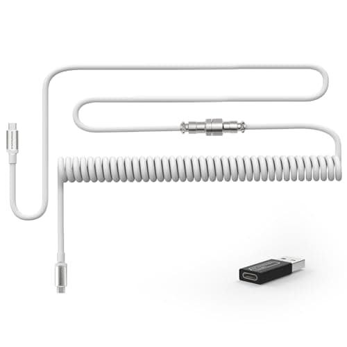 Image of MAMBASNAKE Coiled USB C Cable for Mechanical Keyboard with Usb to Usb C Adaptor, Type C To Type C, HyperSpeed Cable with 8K Hz Return Rate & 5-Pin Metal Aviator Connector, 4.92ft Length - White