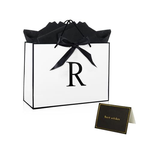 Image of Medium Gift Bag with Tissue Paper and Card, 11 Inches Birthday Gift Bag for Presents White Gift Bag for Birthday Wedding Baby Shower (Letter R)