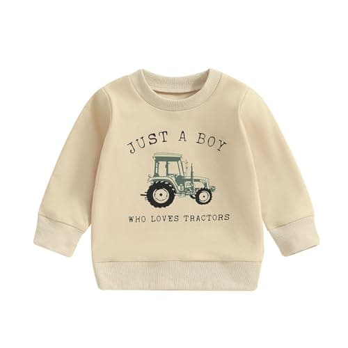 Image of Vioyavo Kids Boys Spring Fall Sweatshirt Trendy Farm Tractor Print Long Sleeve Round Neck Pullover Tops Toddler Fashion Hoodie (Khaki, 18-24 Months)