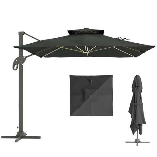 Image of Outsunny 3 x 3(m) Cantilever Roma Parasol Garden Sun Umbrella, Two-tier 250g Polyester Sun Shade with LED Solar Light, Aluminium Frame, Cross Base 360° Rotating Dark Grey