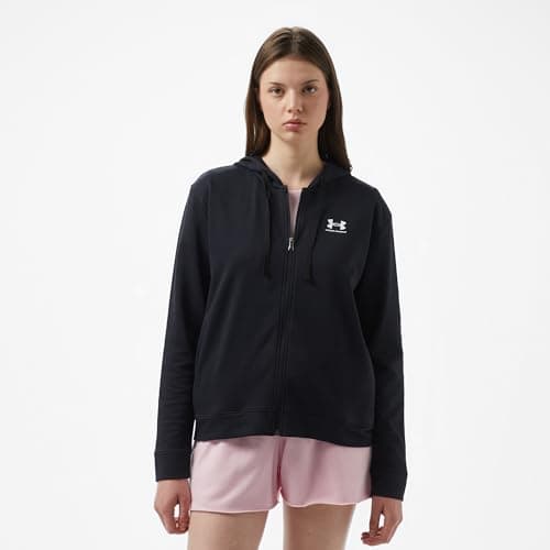 Image of Under Armour Women's Rival Terry Full Zip, Warm and Comfortable Women's Hoodie with Fast-Drying Material, Ladies' Hooded Top for Sports and Casual Wear,Black / / White,LG