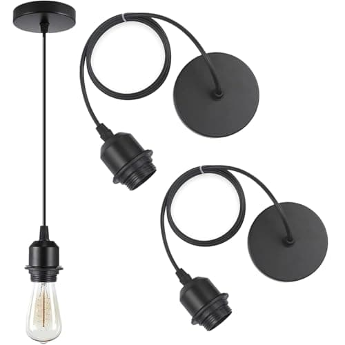 Image of ZKFSIE 2 Black E27 Pendant Light Fittings, Ceiling Rose Light Fitting for DIY Lighting Projects, Industrial Style Black Light Pendant for Cafe Restaurant and Home Decor