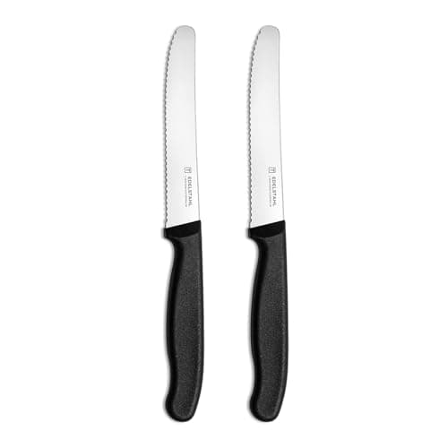 Image of targzier Tomato Knife,Set of 2,Serrated Kitchen Knife,Stainless Steel Utility Knife,Sharp Table Knifes,Wavy Edge Small Kitchen Knives,Ergonomic Handle,Tomato Knives Set,Black