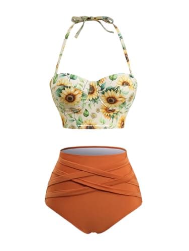 Image of DRESSFO Retro Bikini Sets for Women 2 Piece Vintage Bikini Sunflowers Printed High Waisted Tankini Swimsuits Bathing Suit, Orange, XXL