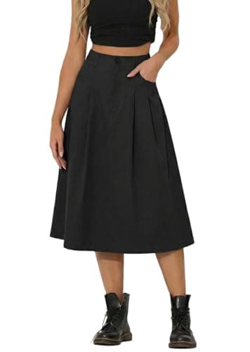 Image of GRECERELLE Womens Summer Long Skirts Ladies Casual Maxi Solid Cargo Skirt Elastic High Waist A-Line Dress with Pockets for Women UK (Black, L)