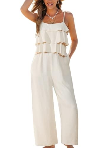 Image of CUPSHE Women's Summer Jumpsuit Spaghetti Straps Tiered Ruffle Top Sleeveless Overall Wide Leg Playsuit with Pockets Beach Holiday Outfit Beige S