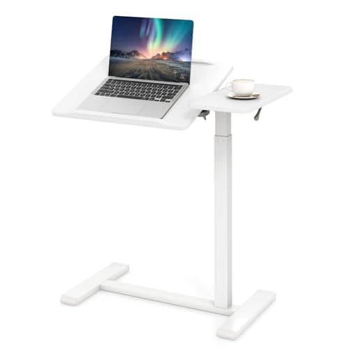 Image of COSTWAY 60 x 40cm/68 x 40cm Mobile Laptop Table, Height Adjustable Overbed C-shaped Tray Table with Wheels & Tilting Top, Rolling Sit Stand Computer Desk Study Workstation (White, 68 x 40 x 105cm)