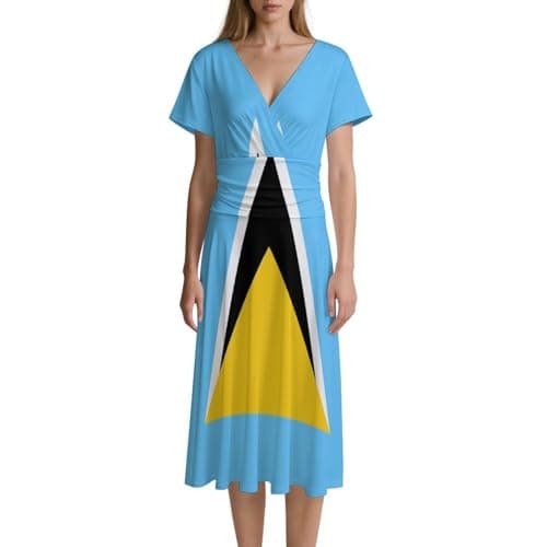 Image of Saint Lucia Flag Women's Midi Dress Short Sleeve Casual Dresses V Neck M