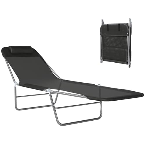 Image of Outsunny Folding Sun Lounger for Garden, Texteline Reclining Sun Bed with 5 Position Adjustable Backrest, Headrest, Portable Garden Lounger Recliner Chair for Beach, Patio, Camp, Black