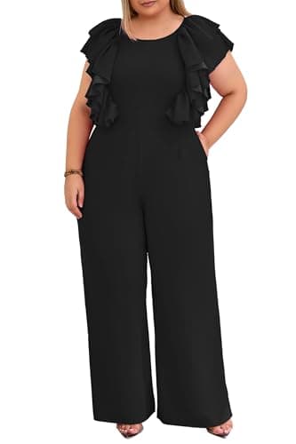 Image of VERWIN Plus Size Ruffle Women's Jumpsuit Plain Full Length Romper Sleeveless Patchwork Overlay Jumpsuit with Pockets 4XL Black