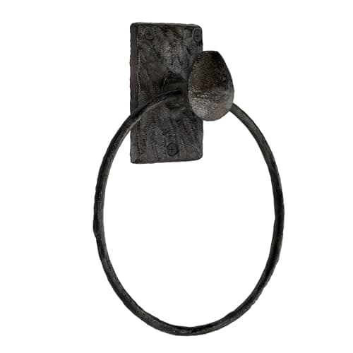 Image of Rustic State Motris Wall Mount Railroad Spike Industrial Design Cast Iron Towel Ring with Hammered Effect Texture for Bathroom and Kitchen - Hand Towel Holder Hanger Rack - Black