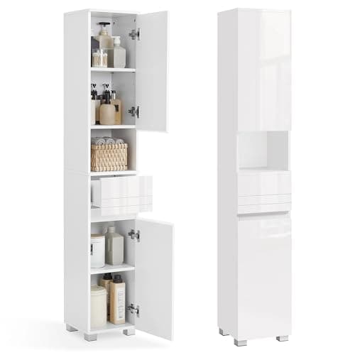 Image of VASAGLE Tall Bathroom Cabinet, Slim Storage Cabinet, Narrow Cupboard, Bathroom Storage Unit, with a Drawer, Adjustable Shelves, 30 x 30 x 170 cm, White BBC560P31