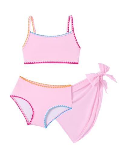 Image of Arshiner Girls 3 Piece Bikini with Sarong Kids Bikini Set with Wrap Skirt Cover Up Sporty Crop Top High Waisted Bottoms Summer Swimwear for Beach Pool 7-8 Years Pink