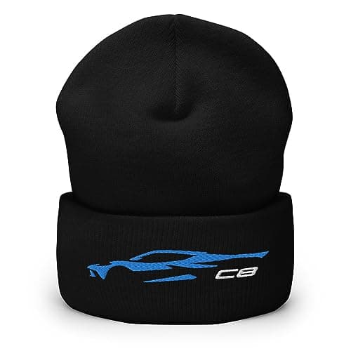 Image of 2023 C8 Outline Silhouette Rapid Blue 8th Gen Vette Embroidered Cuffed Beanie, Black, One size