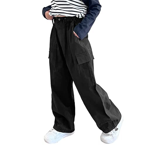 Image of Rolanko Girls Cargo Trousers, Elasticated Waist Cotton Baggy Pants with Multi Pockets for 6-15 Years Kids, Black, Size: 150