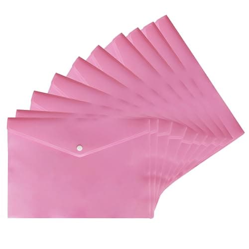 Image of M1SS Pack of 10 Plastic Wallets A4 [33 x 23cm] Waterproof Plastic Folders for Documents Pink Popper Wallet A4 with Snap Button for Home, Office, School and Travel Stationary Paper Filing