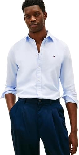 Image of Tommy Hilfiger Men Flex Dobby SF Shirt MW0MW41684 L/S Shirt, Blue, XL