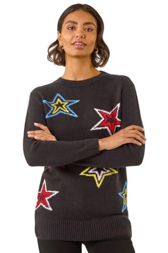 Image of Roman Originals Thick Jumper for Women UK - Ladies Winter Autumn Smart Casual Knit Knitted Knitwear Pull-On Round Crew Neck Long Sleeve Work Office Dinner Party - Black Multi - Size 10