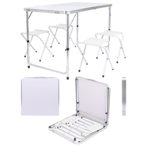 Image of Harbour Housewares 120cm (4ft) Height Adjustable Aluminium Folding Picnic Table with 4 Chairs - White - 4-Seater Foldable Portable Outdoor Garden Patio Camping BBQ Dining Trestle Furniture