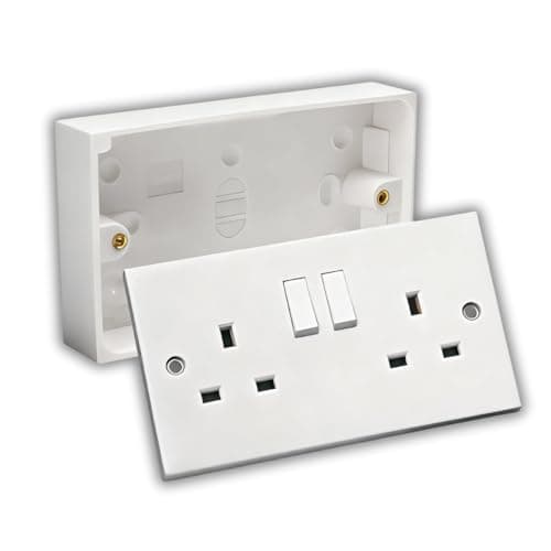 Image of 13A Double White Switched Socket & Double Surface Mount 25mm Pattress Box 2 Gang Set Electrical Outlets (1)
