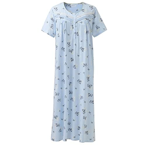 Image of Keyocean Womens Nightdress Cotton Long Nighties Soft Jersey Nightshirt with Buttons Short Sleeve Nightwear Summer Sleepwear, Jasmine Flower on Light Blue, XL