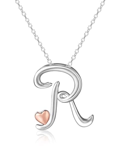 Image of Mesovor Silver Initial Necklace for Women, Sterling Silver Plated Jewelry | Classic Letter Name Pendant Necklace with Rose Gold Heart, Gifts for family Mother Sister Wife, 20 Inch Chain (Letter-R)