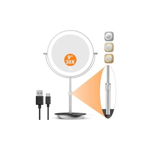 Image of Auxmir 9'' Lighted Magnifying Mirror with 1X/30X, Height Adjustable Double Sided Touch Makeup Mirror with Tweezers, 3 Color Lights & Stepless Dimmable, 360° Swivel Rechargeable Cosmetic Vanity Mirror