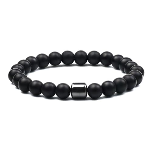 Image of Raffici Frosted Black Onyx Bracelet with Hematite Accent – 8 mm Beads – Stretch Fit 18 cm – Minimalist Spiritual Gift for Men and Women – Velvet Pouch Included