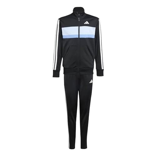 Image of adidas Unisex Kids SEASONAL ESSENTIALS TIBERIO 3 STRIPES TRICOT TRACKSUIT, black/glow blue/blue fusion/white, 9-10 Years
