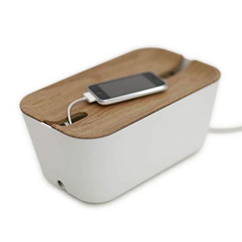 Image of Bosign Cable Management Box - Cable Organizer Medium. White & Natural Wood - 30x18x13,8 cm. Flame retardant plastic. Rubber antislip feet.