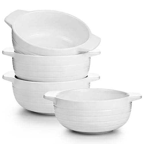 Image of Aleker Soup Bowl with Handles Set of 4, 500ml Ceramic Serving Bowl Sturdy Porridge Bowl Breakfast Bowl for Soup, Pasta, Porridge, Salad, Cereal, Baked Rice Oven Microwave Dishwasher Safe,White