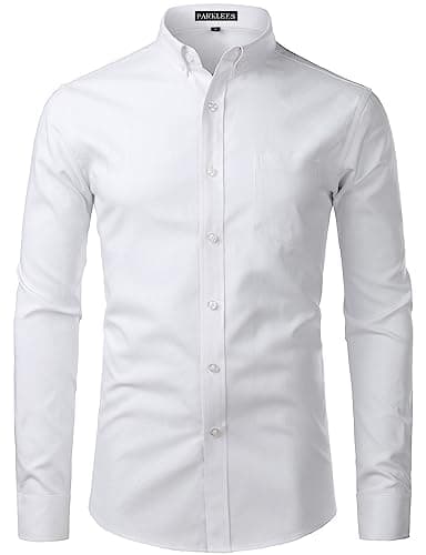 Image of PARKLEES Men's Slim Fit Long Sleeve Smart Casual Button Down Oxford Shirts PZ111 White M