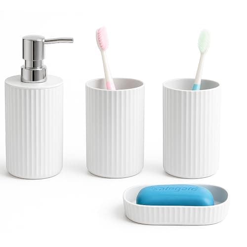 Image of Novel Solutions Premium 4-Piece Bathroom Accessories Set – Matt Grey Rubber-Coated Soap Dispenser, Soap Dish, Tumbler Cup & Toothbrush Holder – Modern Vanity Organiser Kit (White Finish)