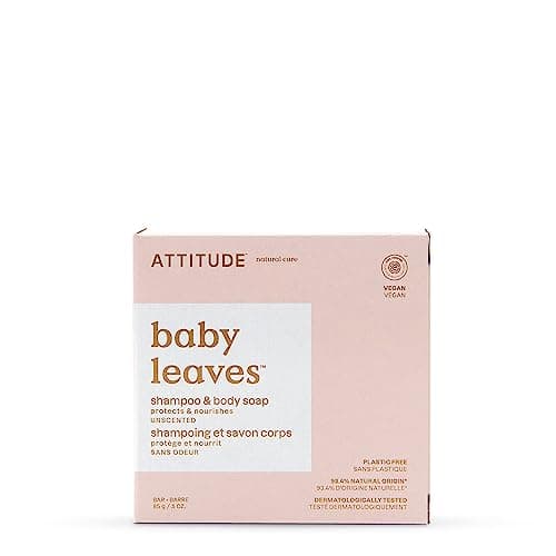 Image of ATTITUDE Shampoo and Body Soap Bar for Baby, EWG Verified, Plastic-Free, Dermatologically Tested, Made with Naturally Derived Ingredients, Vegan, Unscented, 85 grams