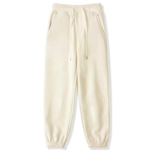 Image of BINIDUCKLING Boys Girls Plain Joggers, Drawstring Tracksuit Bottoms Classic Elasticated Cuff Jogging Pants Kids Casual School Trousers for PE Sports and Games (Beige,140/7Years)